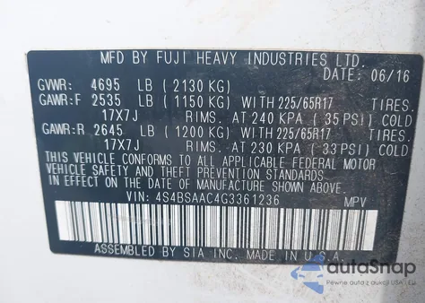 2016 Subaru Outback 2.5I из США, поврежденный, VIN 4S4BSAAC4G3361236